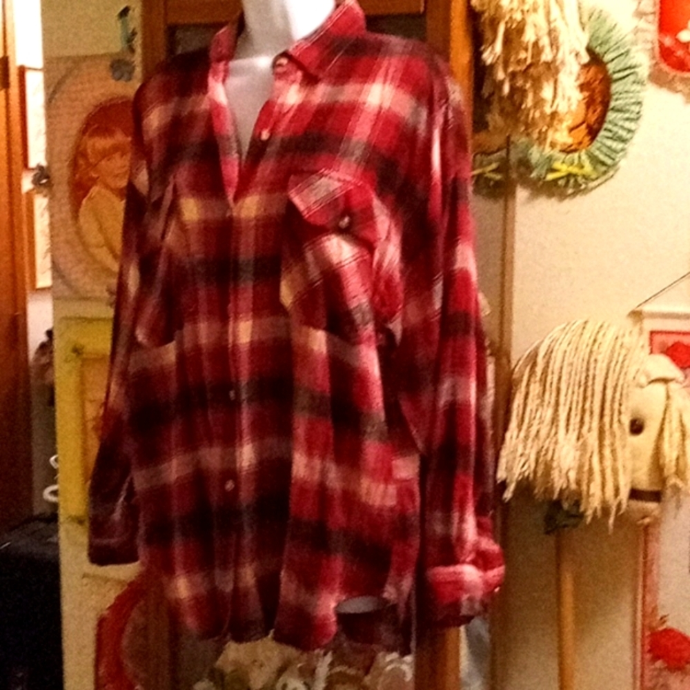 Vintage 80's,Red,White,Gray & Black Plaid, Big & Roomy,Button Down,Flannel Shirt